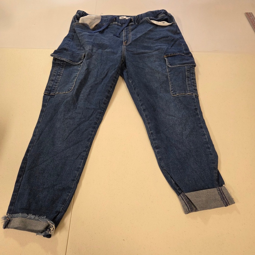 YMI Blue Denim Low Rise Cargo Jeans Elastic Drawstring Waist Frayed Hem Size L